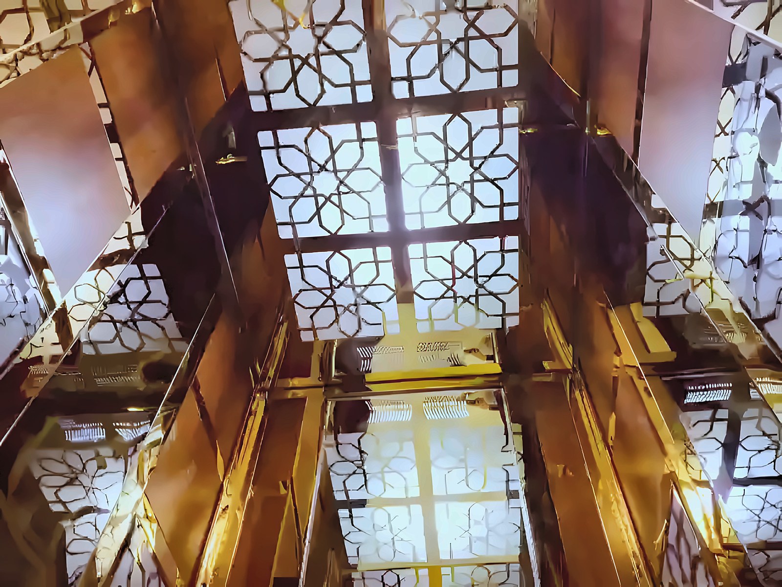 Gold ceiling with lit arabesque panels
