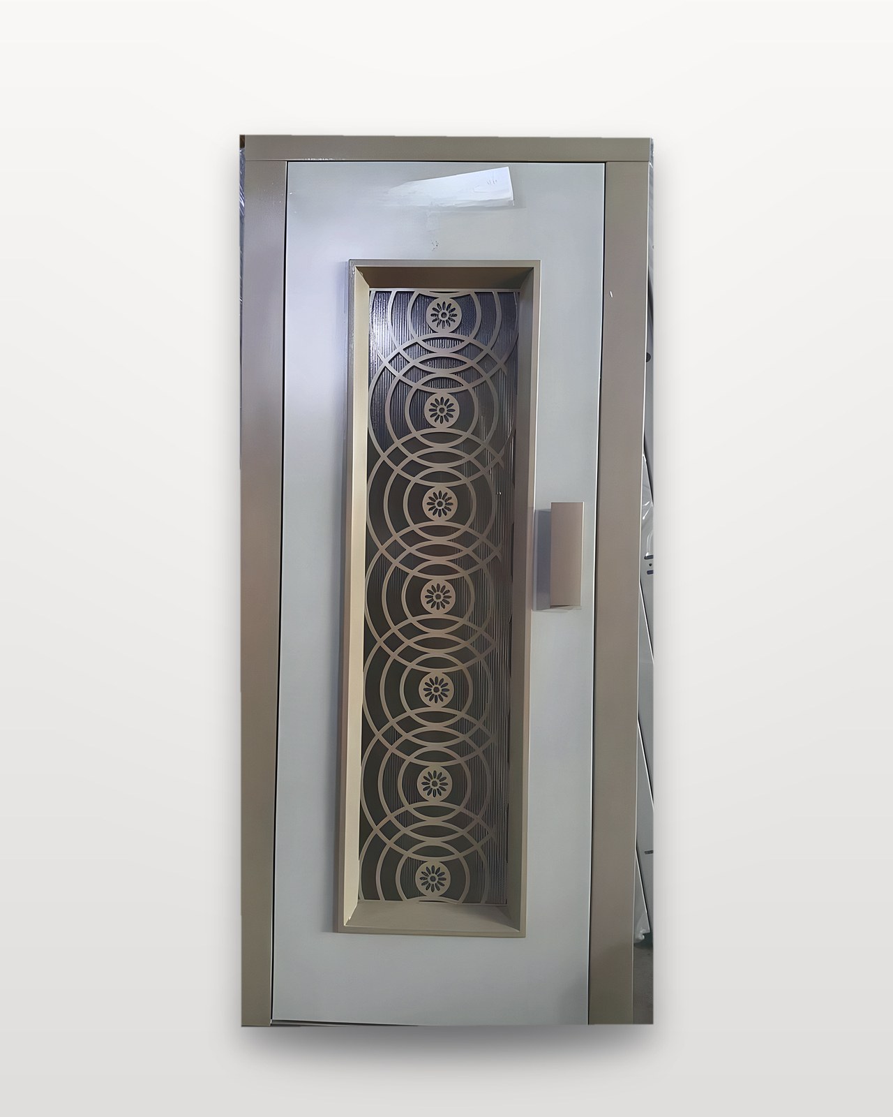 Landing door with a circles-and-flowers laser panel