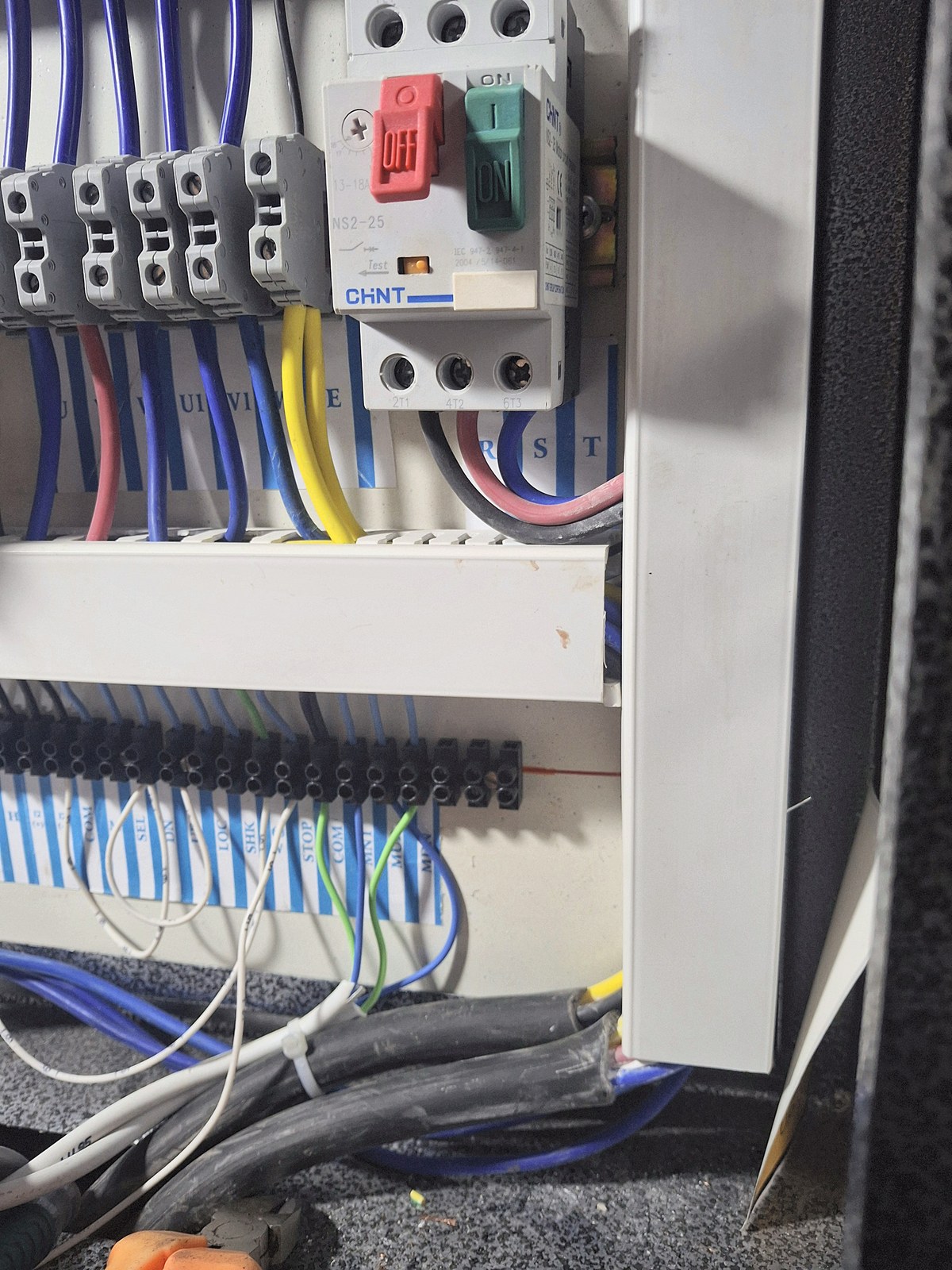 Control cabinet — breakers and wiring